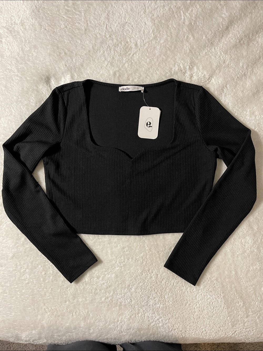 Elodie Black Ribbed Long-Sleeve Crop Top with Sweetheart Square Neck